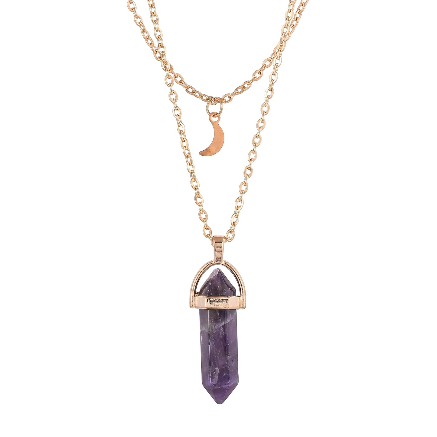 Purple Crystal And Moon Charm Gold-Plated Necklace
