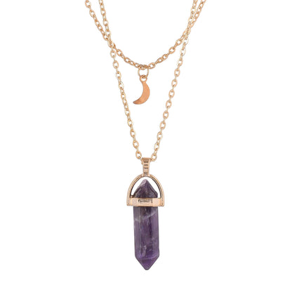 Purple Crystal And Moon Charm Gold-Plated Necklace