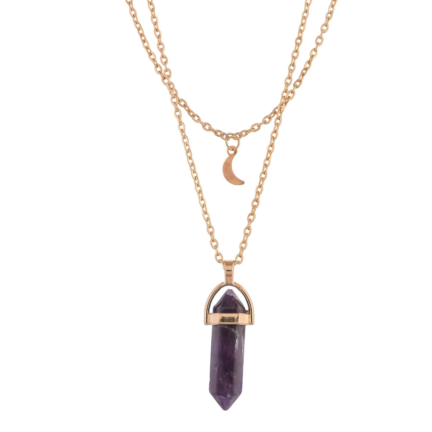 Purple Crystal And Moon Charm Gold-Plated Necklace