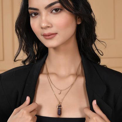 Purple Crystal And Moon Charm Gold-Plated Necklace