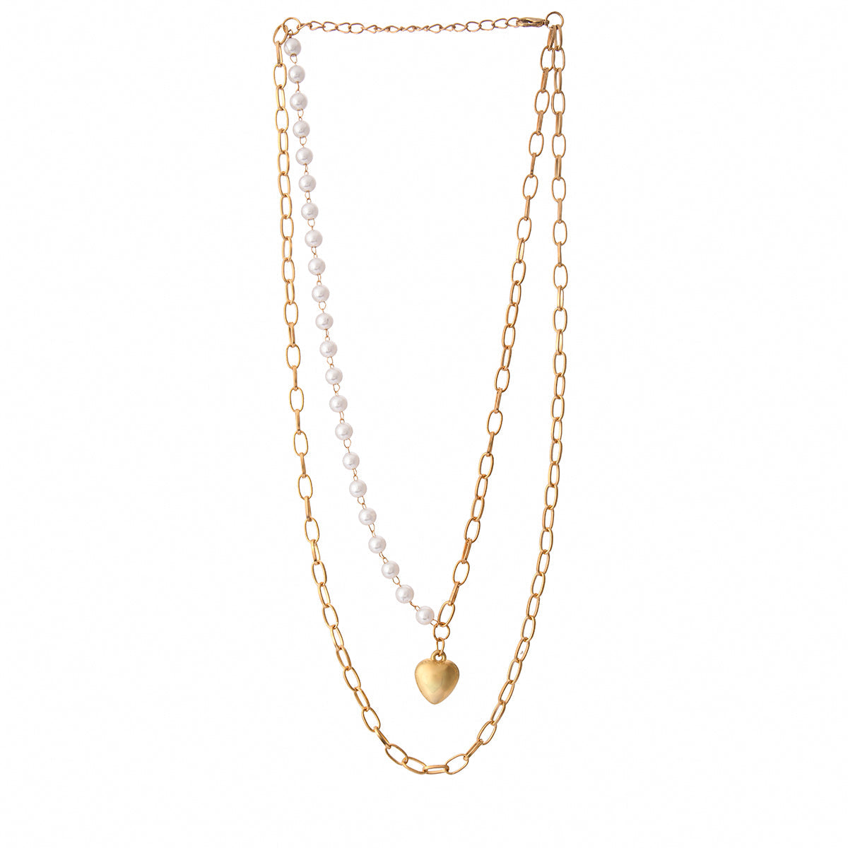 Trendy Essentials Faux Pearls Heart Motif Brass Gold Plated Link Chain Necklace