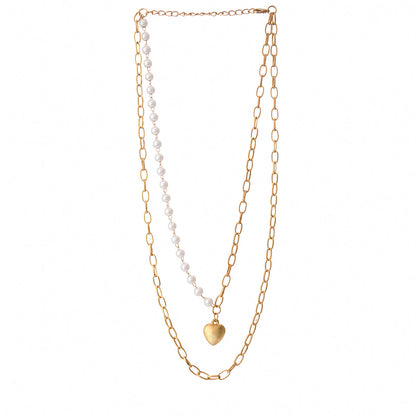 Trendy Essentials Faux Pearls Heart Motif Brass Gold Plated Link Chain Necklace