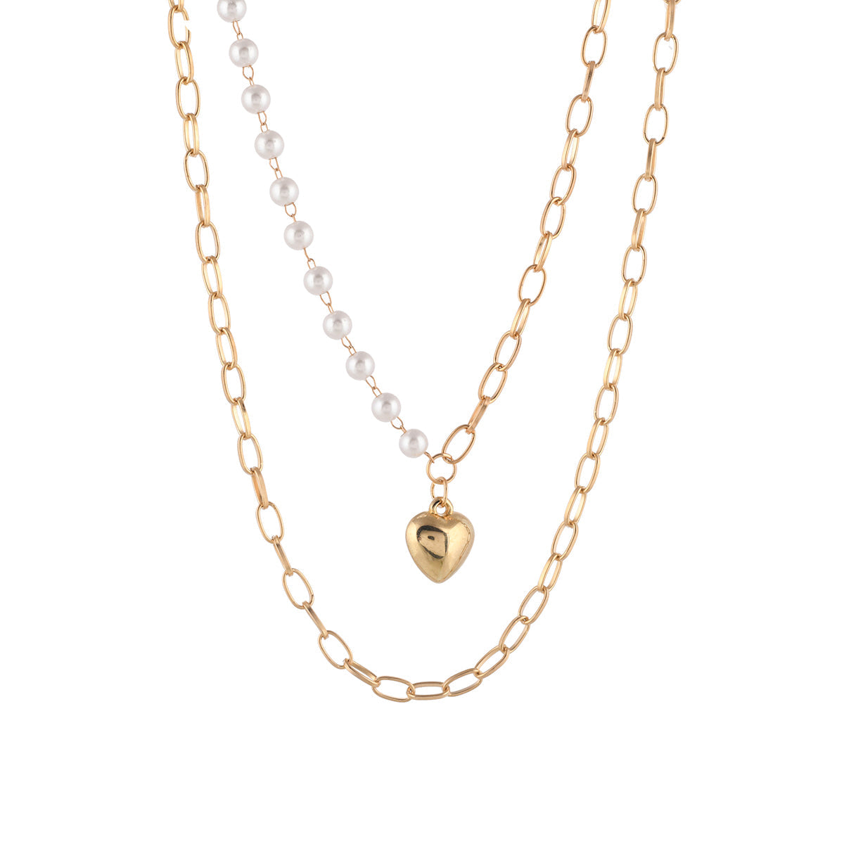 Trendy Essentials Faux Pearls Heart Motif Brass Gold Plated Link Chain Necklace