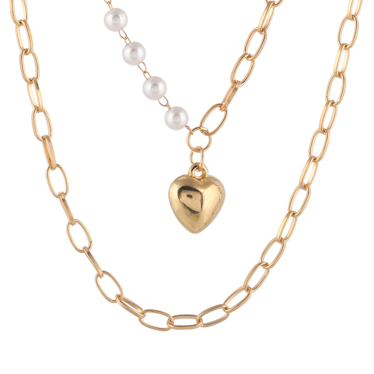 Trendy Essentials Faux Pearls Heart Motif Brass Gold Plated Link Chain Necklace