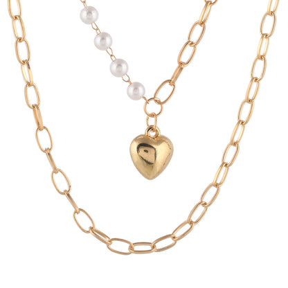 Trendy Essentials Faux Pearls Heart Motif Brass Gold Plated Link Chain Necklace