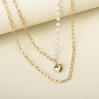 Trendy Essentials Faux Pearls Heart Motif Brass Gold Plated Link Chain Necklace