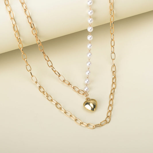 Trendy Essentials Faux Pearls Heart Motif Brass Gold Plated Link Chain Necklace