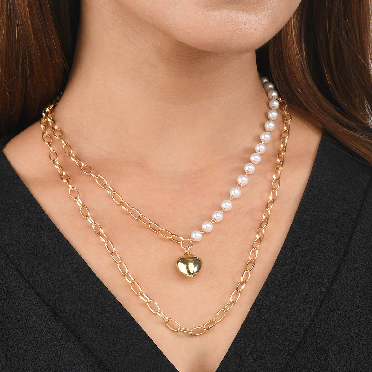 Trendy Essentials Faux Pearls Heart Motif Brass Gold Plated Link Chain Necklace