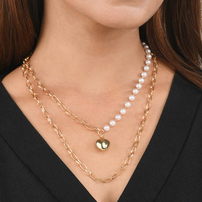 Trendy Essentials Faux Pearls Heart Motif Brass Gold Plated Link Chain Necklace