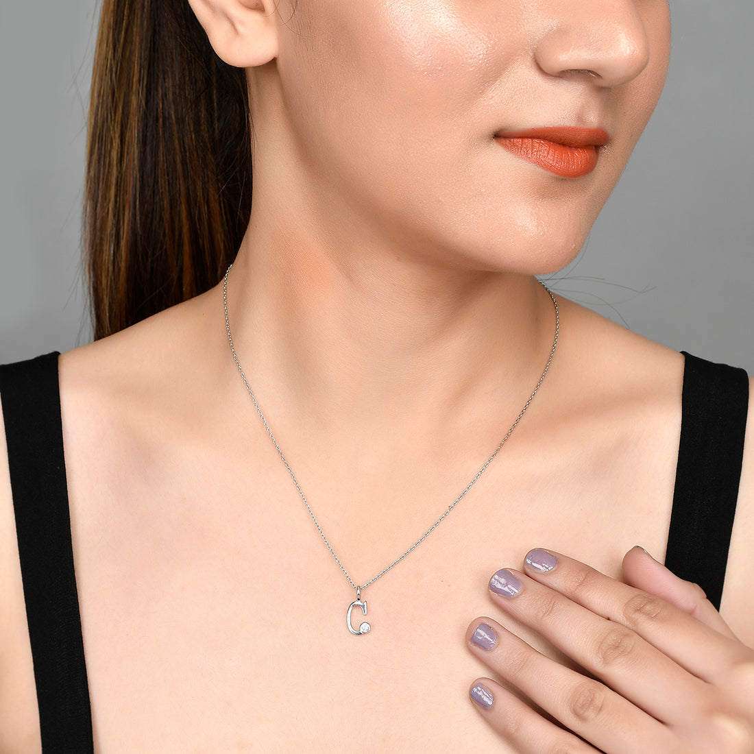 Sterling Silver Alphabet C Round Cut CZ Pendant