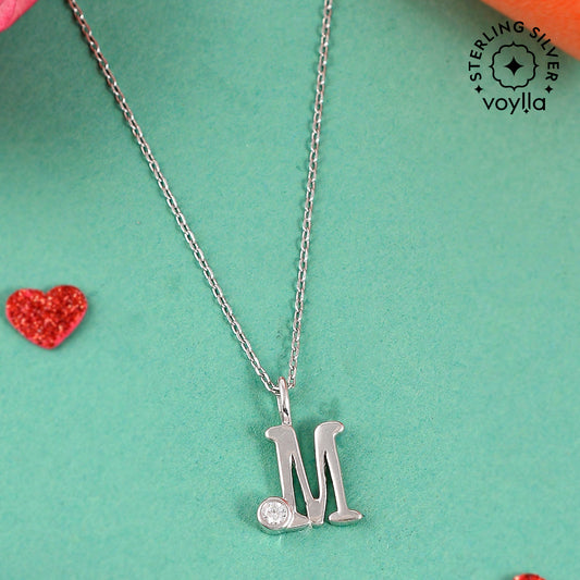 Sterling Silver Alphabet M Round Cut CZ Pendant