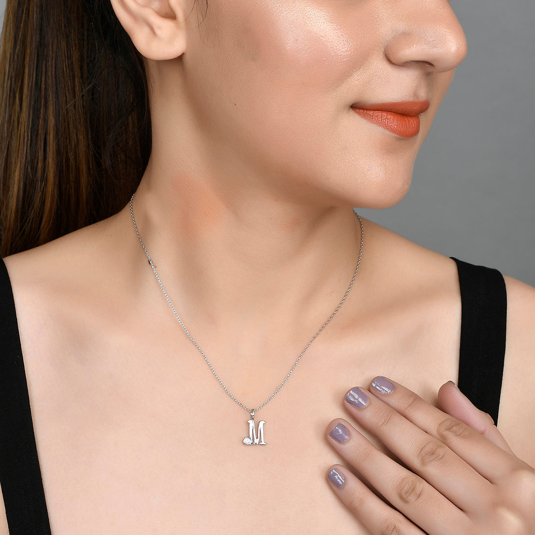 Sterling Silver Alphabet M Round Cut CZ Pendant