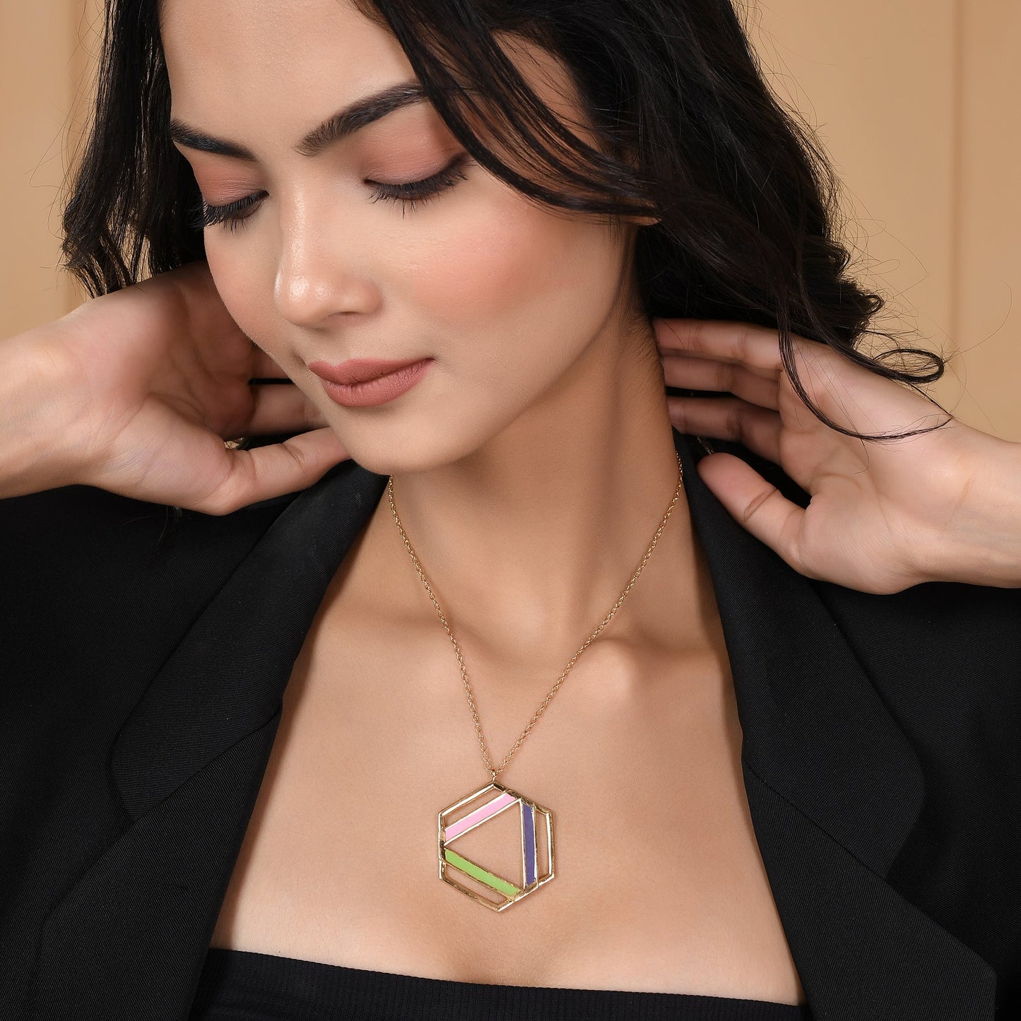 Benzene Enameled Large Pendant Long Necklace