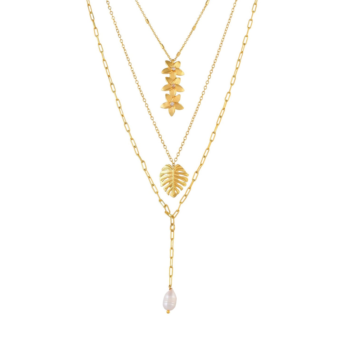Hawaii Multi-Layered Plumeria Pearl Drop Necklace