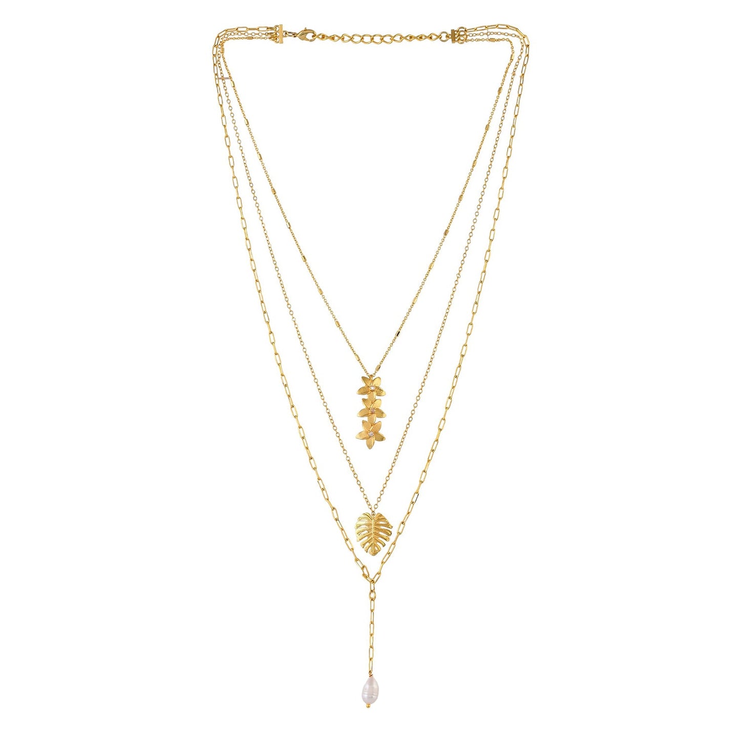 Hawaii Multi-Layered Plumeria Pearl Drop Necklace