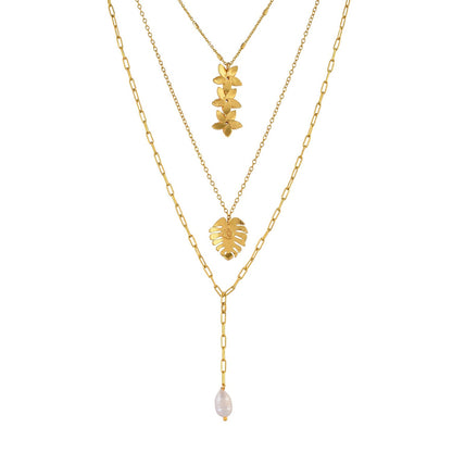 Hawaii Multi-Layered Plumeria Pearl Drop Necklace