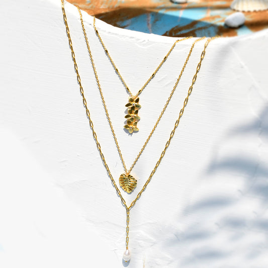 Hawaii Multi-Layered Plumeria Pearl Drop Necklace