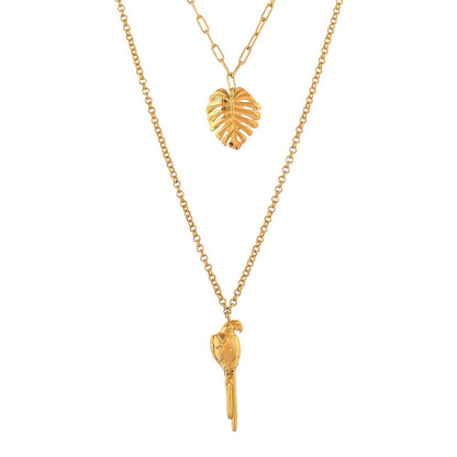 Hawaii Double-Layered Monstera And Tropical Bird Necklace