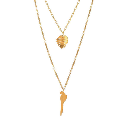 Hawaii Double-Layered Monstera And Tropical Bird Necklace