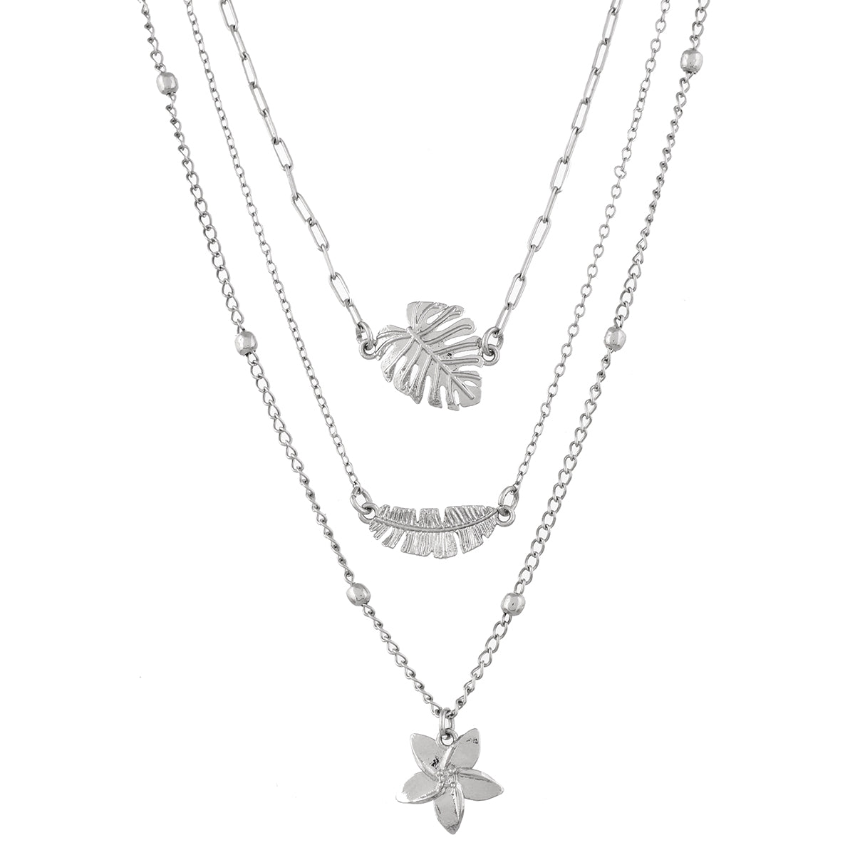 Hawaii Tropical Flora Multi-Layered Silver Necklace