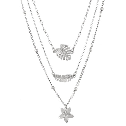Hawaii Tropical Flora Multi-Layered Silver Necklace